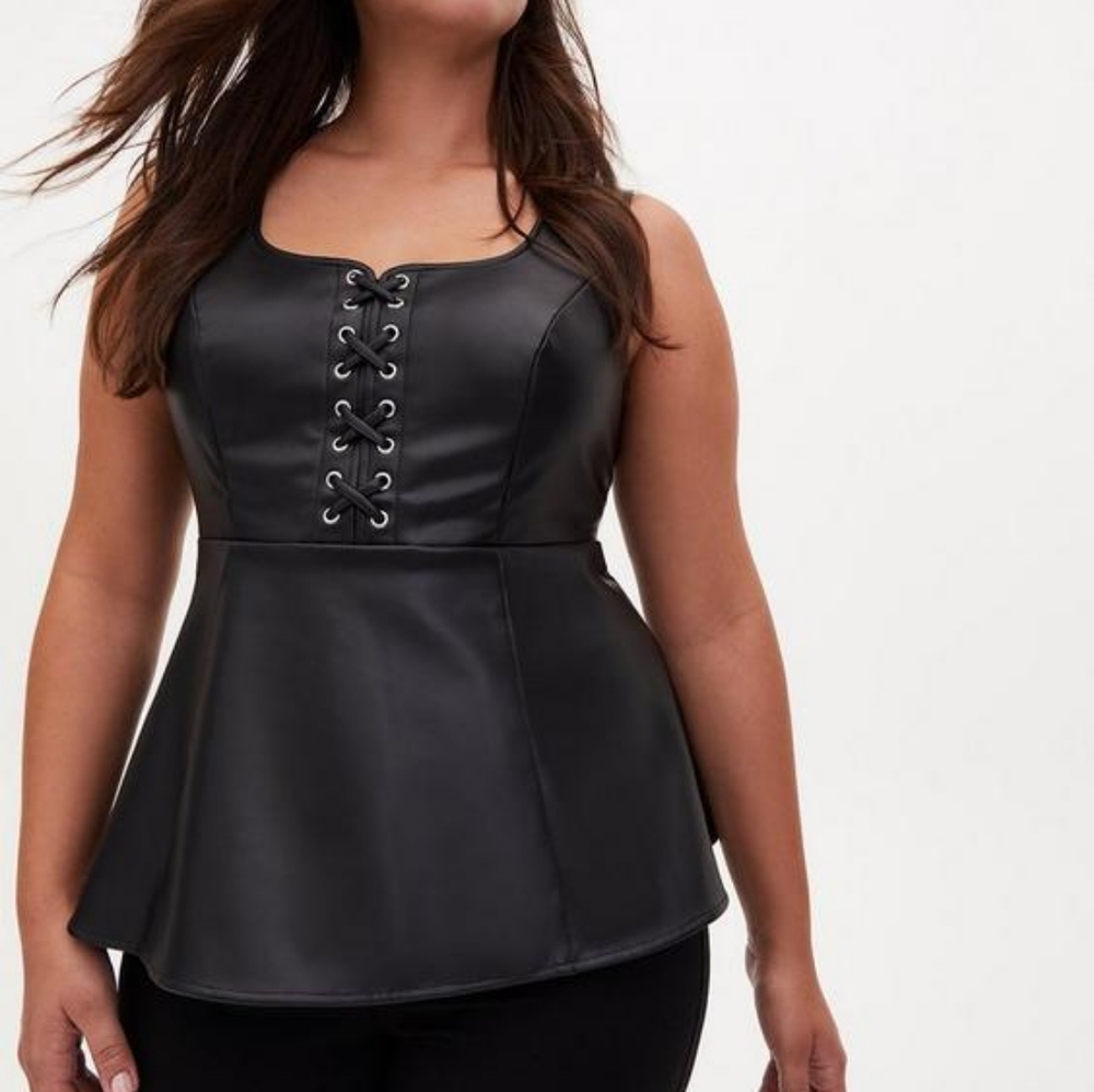 NWT Torrid Black Faux Leather Lace-Up Peplum Top
